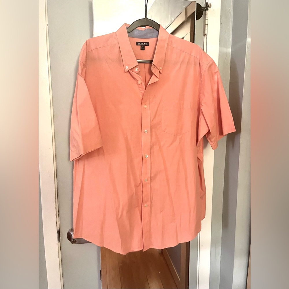 Micro Orange/Wht Print Short Sleeve Button Down Shirt, XL